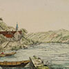 Au: Fähre Monstein, Schiffanlegestelle, im Hintergrund Rebhang und landwirtschaftliches Gut, 1844