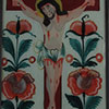 Hinterglasbild: Kruzifixus, unter dem Kreuz Blumenranken