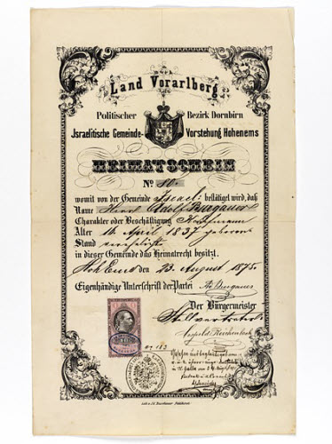 Heimatschein der Israelitischen Gemeinde Hohenems