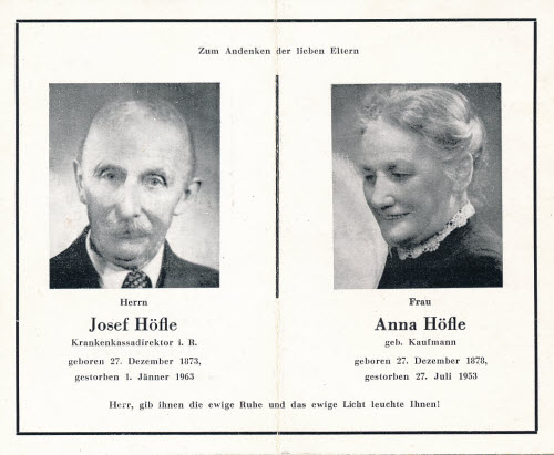 Sterbbildchen Josef Höfle und Anna Höfle geborene Kaufmann