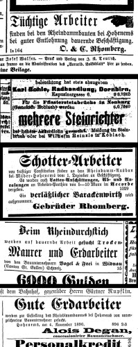 Stellenausschreibungen für diverse Arbeiten beim Rheinbau in den verschiedenen Vorarlberger Zeitungen