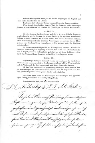 Staatsvertrag zwischen der Schweiz und Österreich-Ungarn über die Regulierung des Rheins von der Illmündung bis zum Bodensee, S. 1 und 2, 1892.