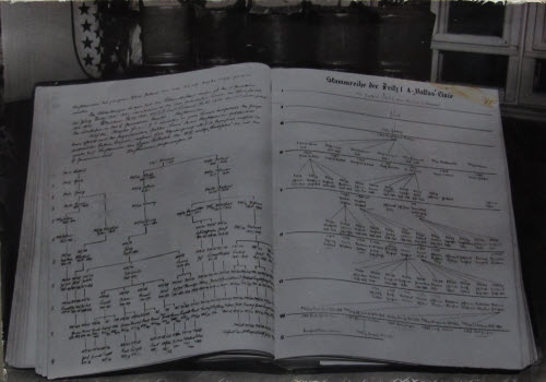 Aufgeschlagener Band der Volksgenealogie mit Stammreihe der Fritz I.