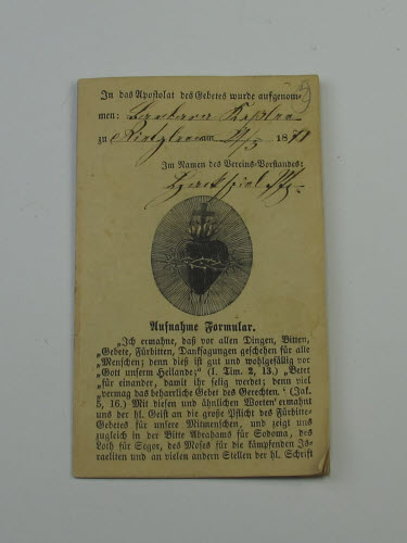 Aufnahmeformular in das Gebetsapostolat für Barbara Keßler, März 1871